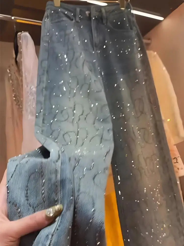 Blue Heavy Embellied Design Women's Jeans Loose Fit Straight Leg Wide Leg Pants Versatile Slimming Spring Summer New Arrival