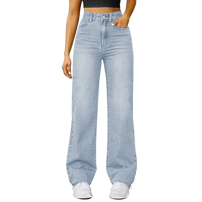 Women'S Straight Jeans Solid Color Distressed High Waist Design Retro Trousers American Hot Girl Style Pants Daily Street Wear