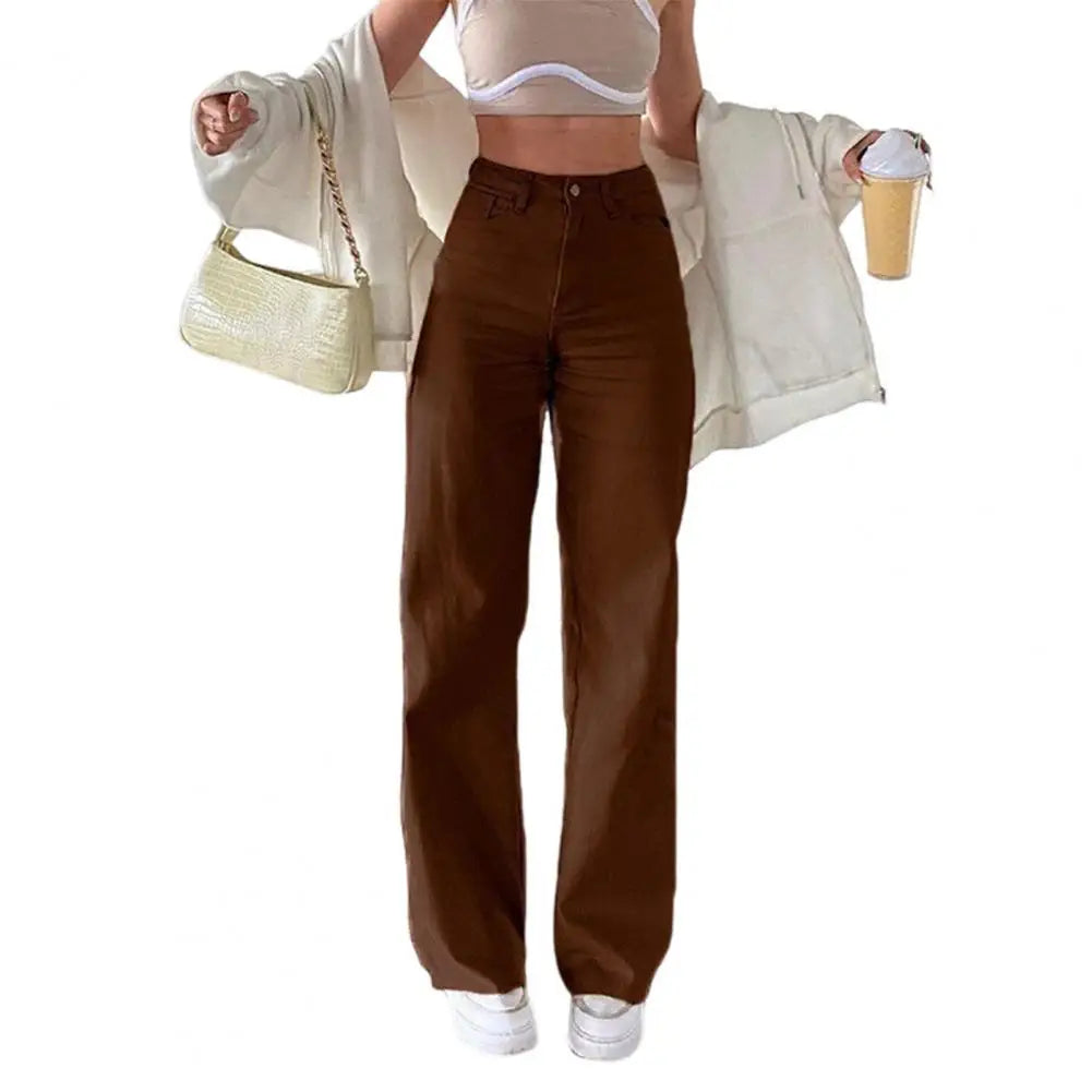 Women Jeans with Pockets High Waist Button Zipper Closure Straight Pants Vintage Denim Trousers for Daily Wear Scool Commuting