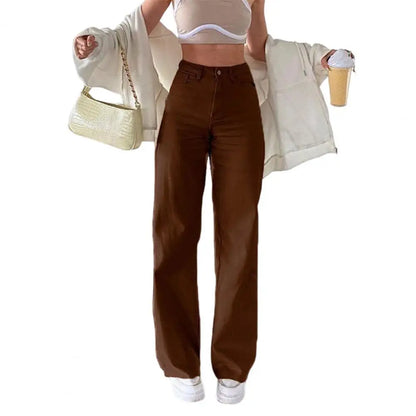 Women Jeans with Pockets High Waist Button Zipper Closure Straight Pants Vintage Denim Trousers for Daily Wear Scool Commuting