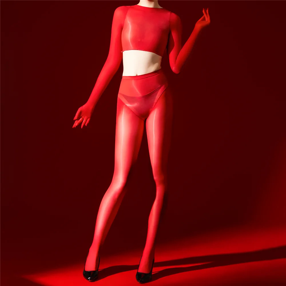 Sexy Women 5D 912 Pin Glove Sleeve Short Top Elastic T-shirt Sheer See Through Maid Tights Oil Glossy Shiny Crop Tops Yoga Wear