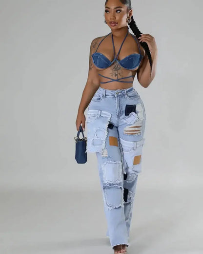 Women Streetwear Cargo Straight Denim Pocket Patchwork Wide Leg Jeans Pants Fall Fashion Ripped Out Party Trousers