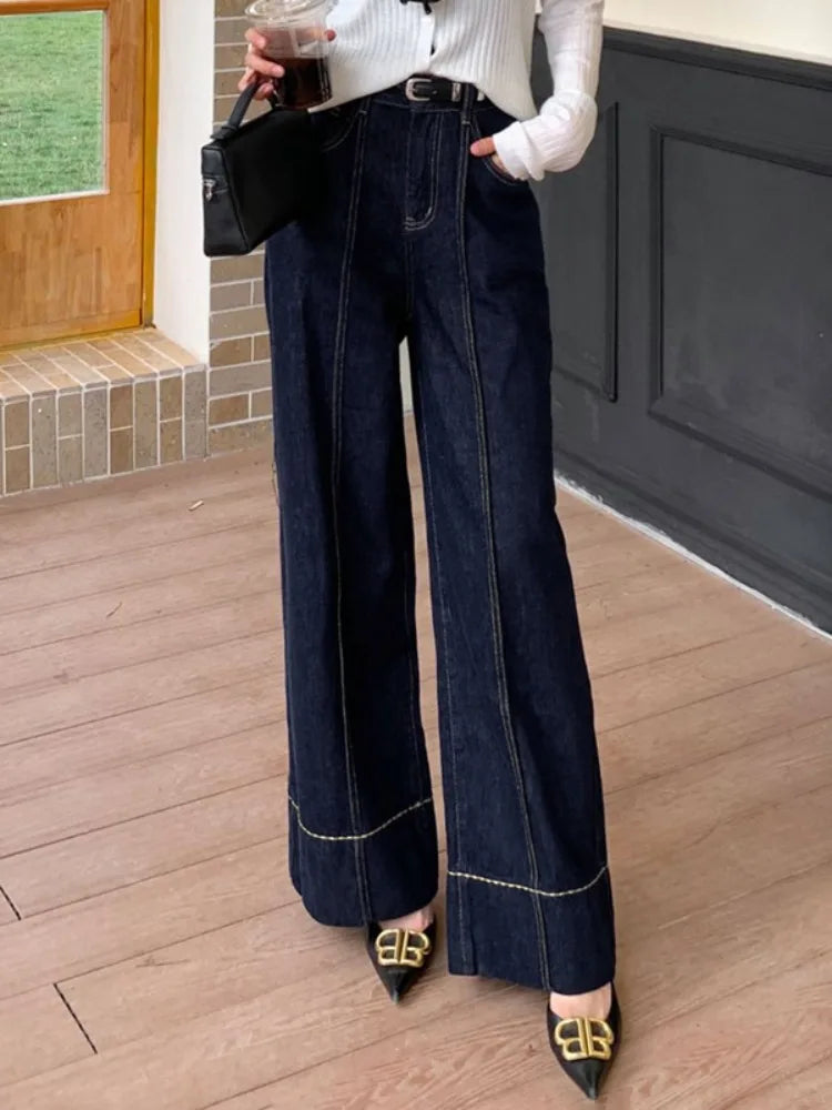 Missuoo Women's Denim Blue Wide Leg Jeans 2025 Autumn Fashion High Waist Floor Length Trousers Casual Streetwear Bottoms