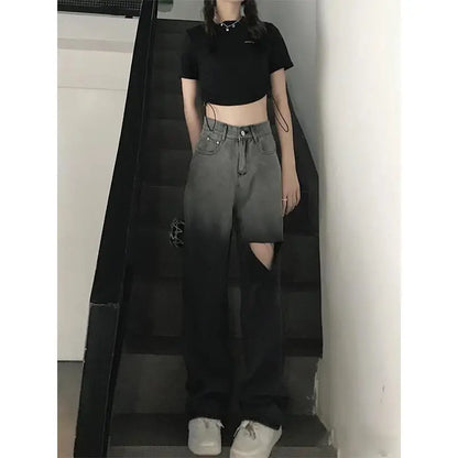 Ripped Jeans for Women Summer Design Niche High Waist Straight Pants Small Wide-leg Pants Retro Floor Trousers Trousers