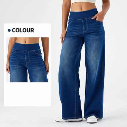Women Jeans With Pockets Elastic High Waist Solid Color Full Length Pants Straight Wide Leg Trousers Sweatpant Daily Commuting