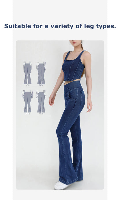 Yoga Jeans for Women Denim Pants Sexy Flared Trousers Lady Pants Hip Lifting and Cross Waist Design Indoor Sports Outdoor Flared