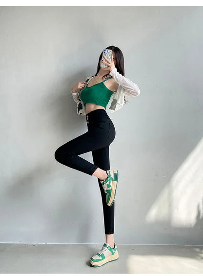 New Women's High Waist Stretch Jeans Blue Black Gray Fashionable and Versatile Multi-button Popular Slim Denim Long Pants Female