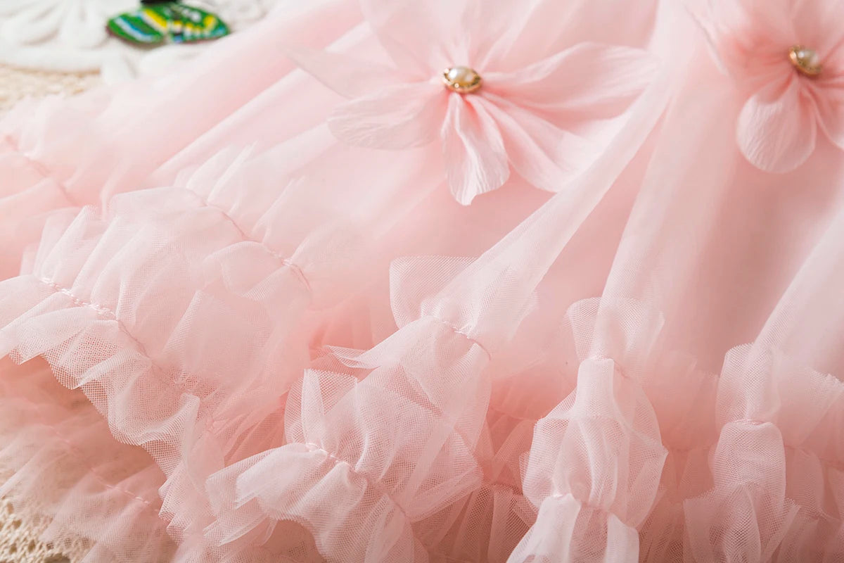 Toddler Girl Princess Dress Pink Flower Decorated Sleeveless Gauze Dress Elegant Girl Wedding Party Dress for Party