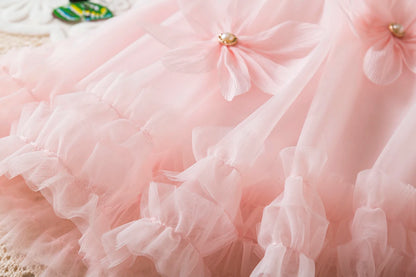Toddler Girl Princess Dress Pink Flower Decorated Sleeveless Gauze Dress Elegant Girl Wedding Party Dress for Party