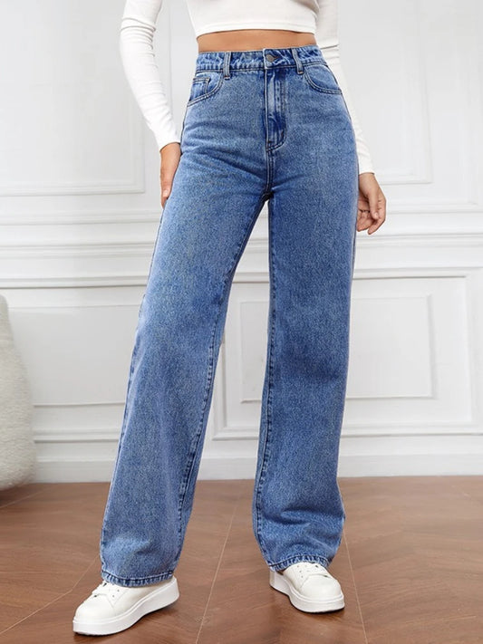 New in Jeans Women Straight Pants Washing High Waist Loose Pockets Basics Ankle Length Blue Denim Pants Streetwear Slight Strech