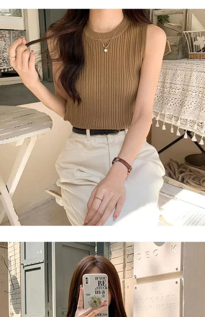 Sleeveless Blouse Shirt Women O-neck Rib Knit Vest Tank Plain Vest Tops Summer Female Basic Casual Tops Outfit