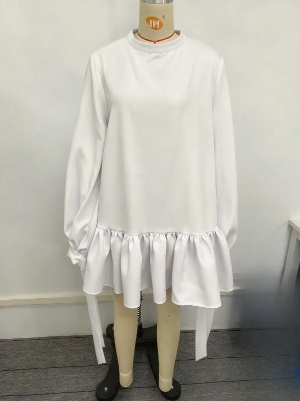 Simple Ruffles Hem Mini Dresses for Women 2026 Spring Loose Casual Stand Neck Lace Up Sleeve Solid Color Pullover Dress 184515