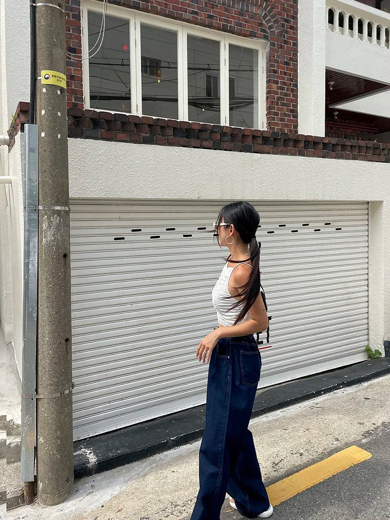 Korean Ins Retro Versatile High Waist Women's Straight Leg Jeans Summer New Fashion Loose Drawstring Design Women Wide Leg Jeans