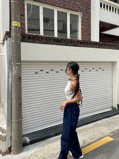 Korean Ins Retro Versatile High Waist Women's Straight Leg Jeans Summer New Fashion Loose Drawstring Design Women Wide Leg Jeans