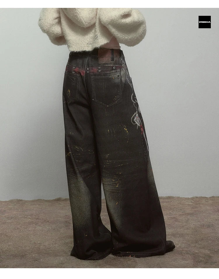 High Quality Hot Selling Wholesale 2025 New Virtual Digital Printed Retro Fashionable Personalized Wide Leg Jeans Pants Women