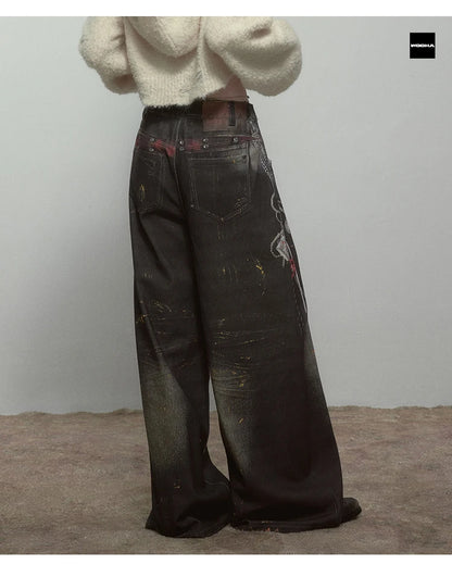 High Quality Hot Selling Wholesale 2025 New Virtual Digital Printed Retro Fashionable Personalized Wide Leg Jeans Pants Women