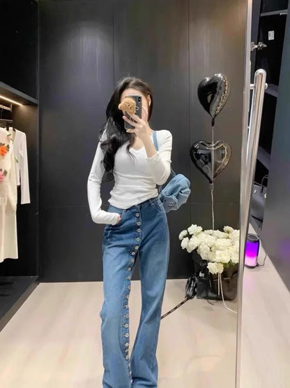 New Fashion Retro Design Multi Button Jeans For Women Slim High Waisted Straight Leg Wide Leg Pants