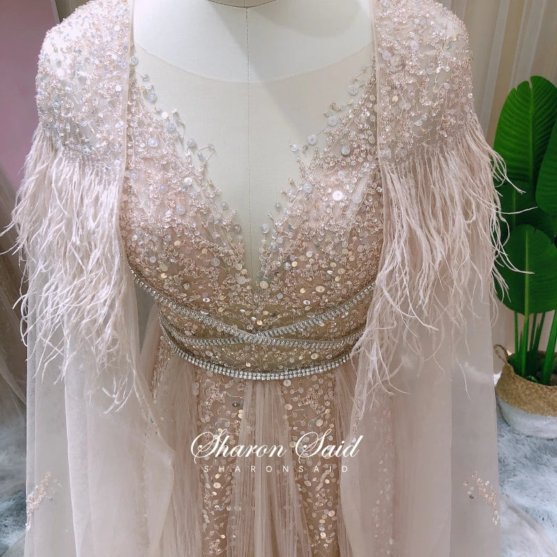 Sharon Said Dubai Luxury Silver Grey Evening Dresses with Feather Cape Shawl Arabic Women Wedding Party Formal Prom Dress SS147