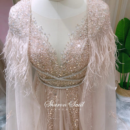Sharon Said Dubai Luxury Silver Grey Evening Dresses with Feather Cape Shawl Arabic Women Wedding Party Formal Prom Dress SS147