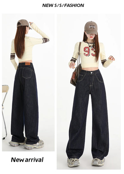 Woman Jeans High Waist Wide Leg Cotton Denim Clothing Design Sense Straight Pant Fashion Comfort White Retro Blue Casual Trouser