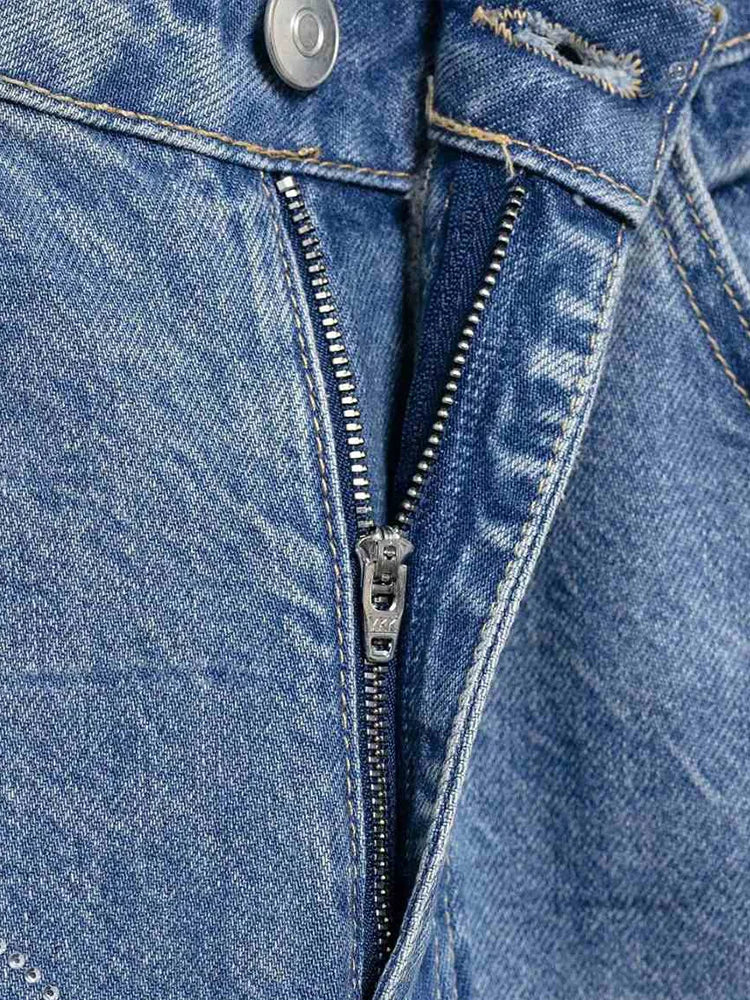 2025 Women Diamonds Denim Jeans Solid Loose Straight Long Pants Woman Casual High Waisted Pockets Streetwear Baggy Trousers