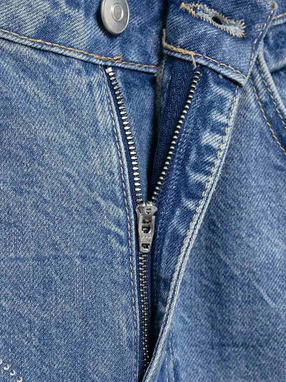 2025 Women Diamonds Denim Jeans Solid Loose Straight Long Pants Woman Casual High Waisted Pockets Streetwear Baggy Trousers