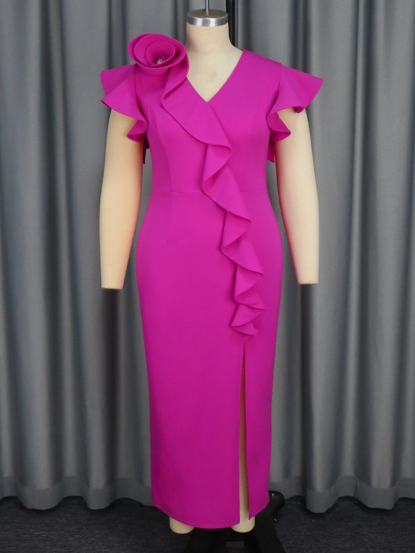 Stylish Plus Size Dresses with Ruffles Front V Neck and Thigh High Slit Perfect for Evening Events Cocktail Parties and Weddings