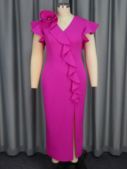 Stylish Plus Size Dresses with Ruffles Front V Neck and Thigh High Slit Perfect for Evening Events Cocktail Parties and Weddings