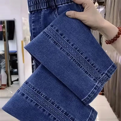 Fashion Women Jeans 2025 New Spring Autumn Korean Wild Elastic Waist Straight Denim Pants Female Trousers Female