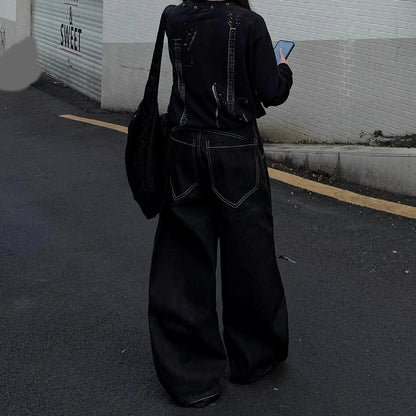 Women’s Multi-button Design Curved Wide-leg Jeans High Waist Straight Baggy Denim Pants Female Vintage Street Style Trouser