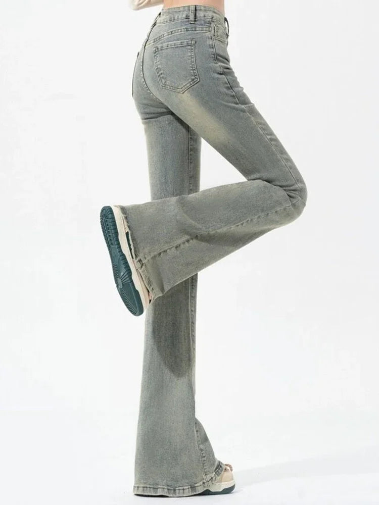 Ins Women Korean High Waist Flared Jeans Female High Street Boot Cut Pants Lady Y2k 2000s Yellow Denim Bell Bottom Trousers