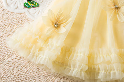 Toddler Girl Princess Dress Pink Flower Decorated Sleeveless Gauze Dress Elegant Girl Wedding Party Dress for Party