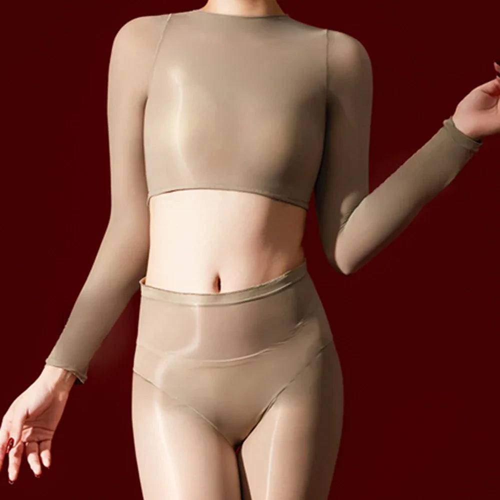 Women's 5D Ultrathin Crop Tops Elastic Shaping Oil Shiny Sheer See Through T-shirts Woman Clothing Summer Shirts Yoga Tops