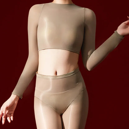 Women's 5D Ultrathin Crop Tops Elastic Shaping Oil Shiny Sheer See Through T-shirts Woman Clothing Summer Shirts Yoga Tops