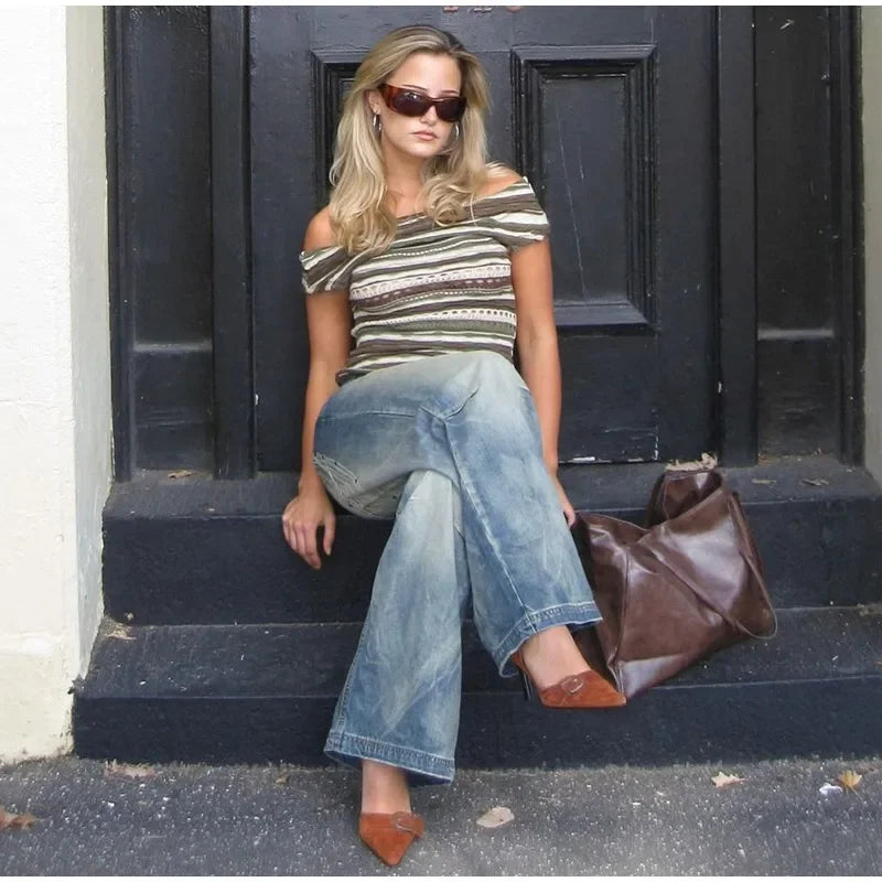 Women's Vintage Baggy Jeans High-Waisted Wide Leg Denim Pants with Back Wing Print Washed Y2K Streetwear 2025 Spring Summer Chic