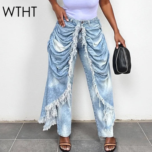 WTHT New Trendy Women Wrinkled Burr Edge Design Straight Jeans 2025 Winter Fashion High Waist Casual Denim Pants Female 1LS2770