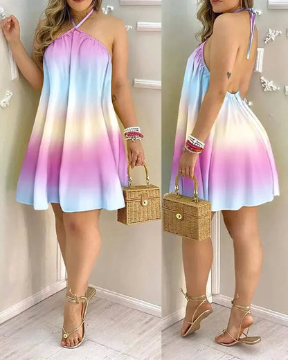 Dresses For Woman 2025 Sexy Sleeveless Backless Short Mini Dress Loose Halter Neck Print Beach Sundress Floral Vestidos S-3XL