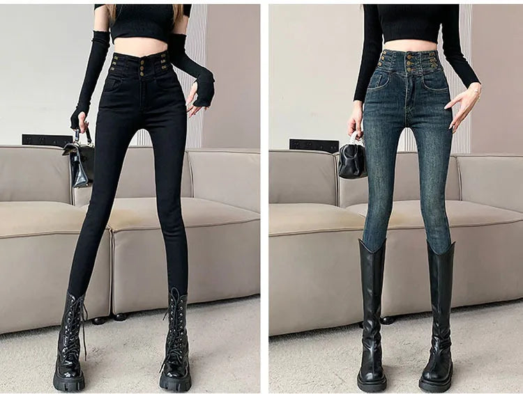 winter warm thick fleece woman's jeans with high waist jeans woman mom jeans women's jeans for women jean femme clothe black