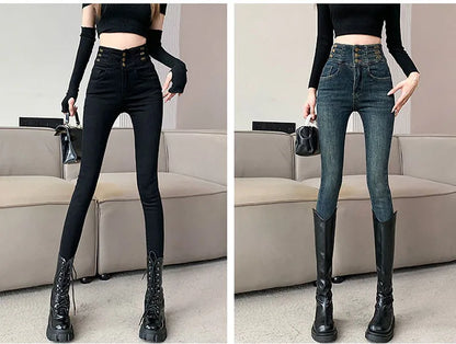 winter warm thick fleece woman's jeans with high waist jeans woman mom jeans women's jeans for women jean femme clothe black