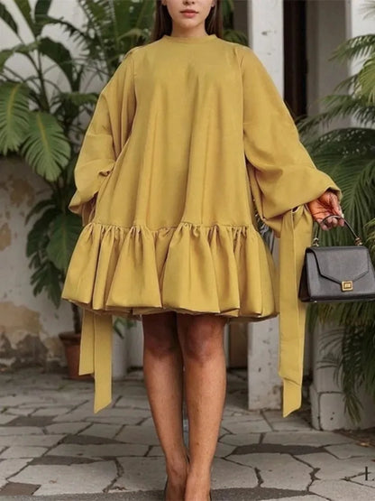Simple Ruffles Hem Mini Dresses for Women 2026 Spring Loose Casual Stand Neck Lace Up Sleeve Solid Color Pullover Dress 184515