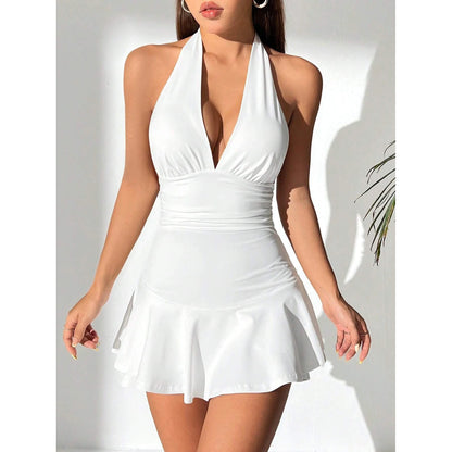 Women's Deep V-Neck Low-Cut Belly-Shading Thin Hanging Neck Short Dress Sexy Backless Dress with Bottoms