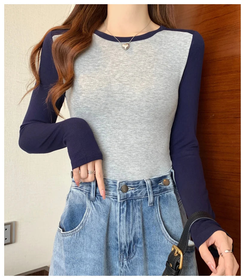Spring Autumn Tops for Women Tshirt Turn Down Collar Long Sleeve Beige Blue Chic Y2k Fashion Patchwork 2025 T Shirts