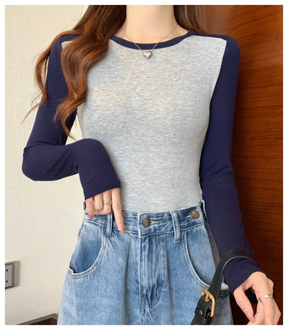 Spring Autumn Tops for Women Tshirt Turn Down Collar Long Sleeve Beige Blue Chic Y2k Fashion Patchwork 2025 T Shirts