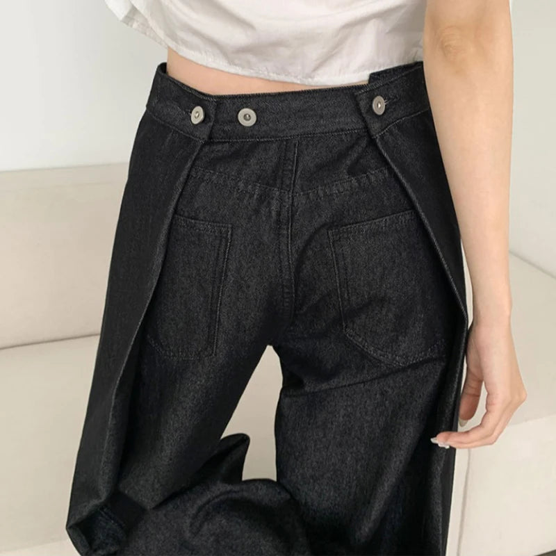 Waist Buckle Jeans Women Stylish High Waist Wide Leg BF Jeans Black Pants Loose Casual Denim Pants