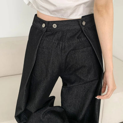 Waist Buckle Jeans Women Stylish High Waist Wide Leg BF Jeans Black Pants Loose Casual Denim Pants