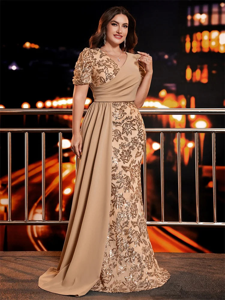 Lucyinlove Plus Size Elegant Short Sleeve Sequins Formal Evening Dresses Women Luxury Mermaid Wedding Party Bridesmaid Gowns