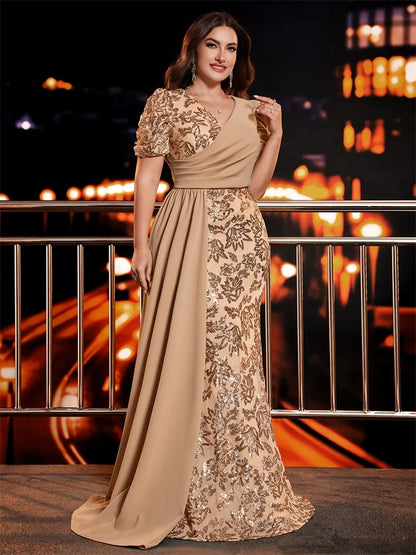 Lucyinlove Plus Size Elegant Short Sleeve Sequins Formal Evening Dresses Women Luxury Mermaid Wedding Party Bridesmaid Gowns