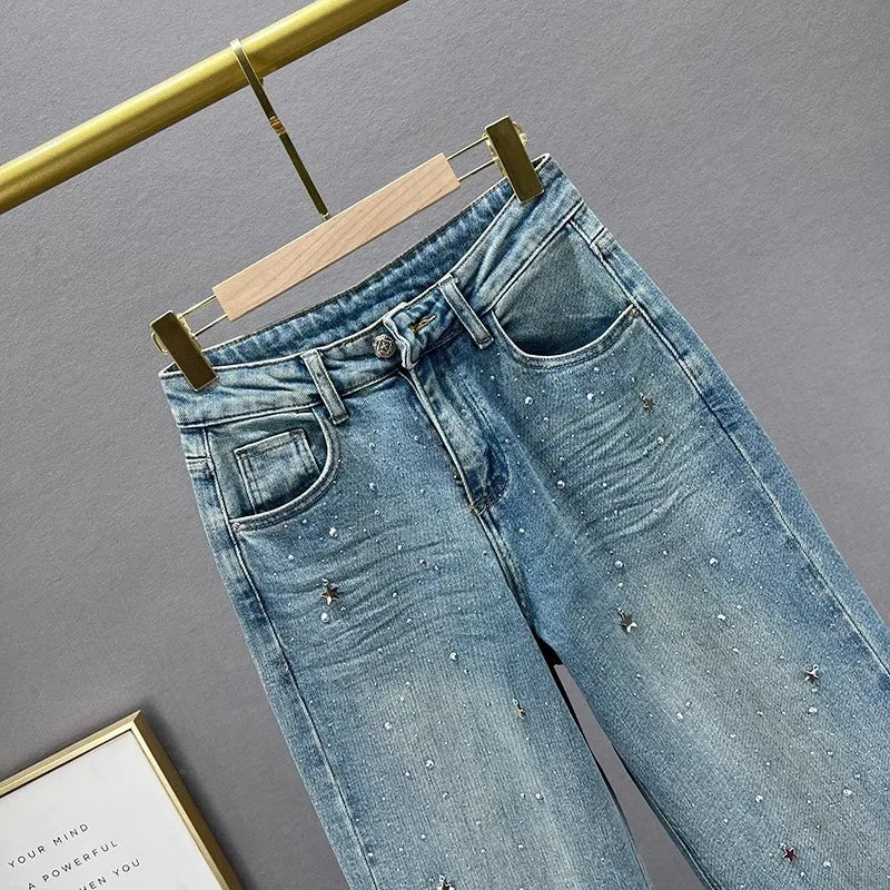 Fashion Women Blue Jeans High Waist Diamond Studded Straight Denim Pants Spring Summer Female Chic Trousers