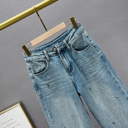 Fashion Women Blue Jeans High Waist Diamond Studded Straight Denim Pants Spring Summer Female Chic Trousers