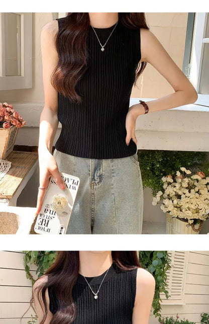 2026 Women Knitted Green Tank Tops Women Thin Tops Basic Casual Tank Tops O-neck Tees Sleeveless Tops For Women